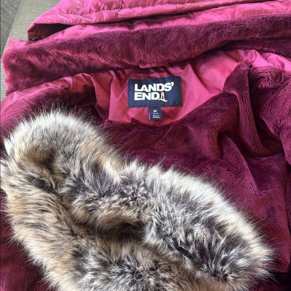 Lands' End PRIMALOFT Warm Burgundy Puffer Jacket Winter Coat Faux Fur Trim Sz M - Picture 14 of 16